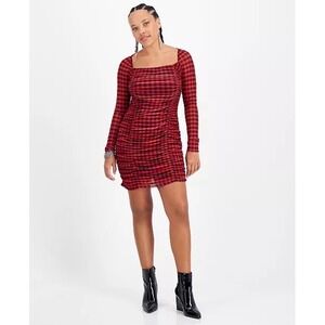 BAR III Women's Large‎ Red Black Checkered  Mesh Overlay Ruched Bodycon Dress